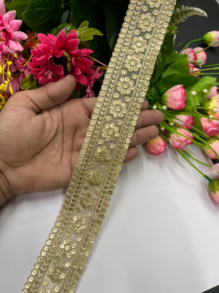 Flower Design Sequins Embroidered Zari Lace - Gold